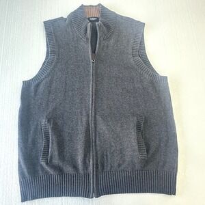 Van Heusen Men Vest Size L Gray Cotton Full Zip Sleeveless Sweater Academia Work